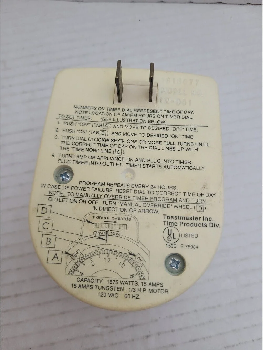 Toastmaster 24 Hour Analog Timer Model 12-901